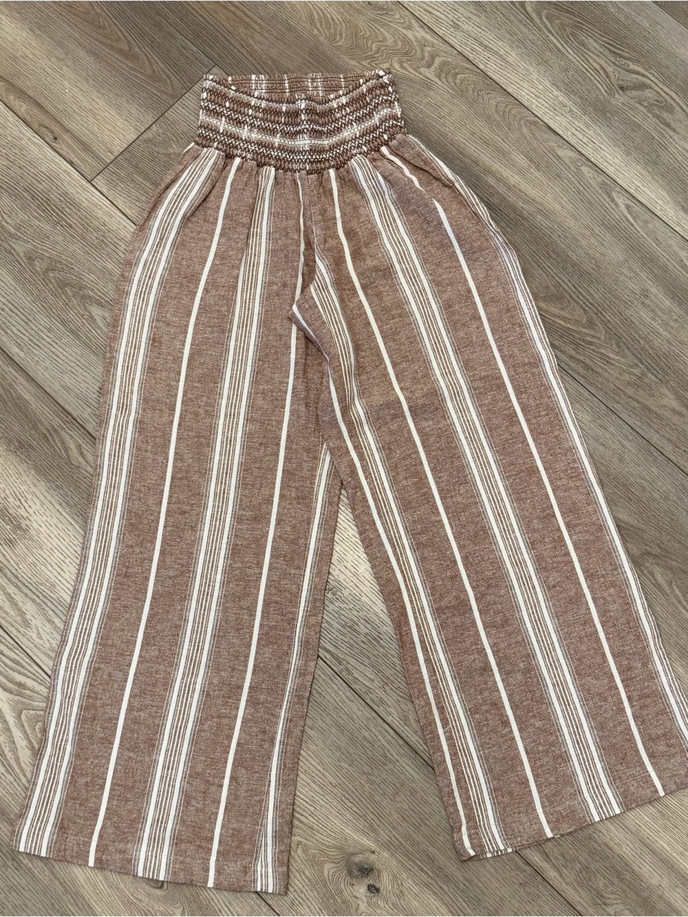 Rewash Brown & White Smocked-Waist Wide Leg Stripe Pants Women’s
